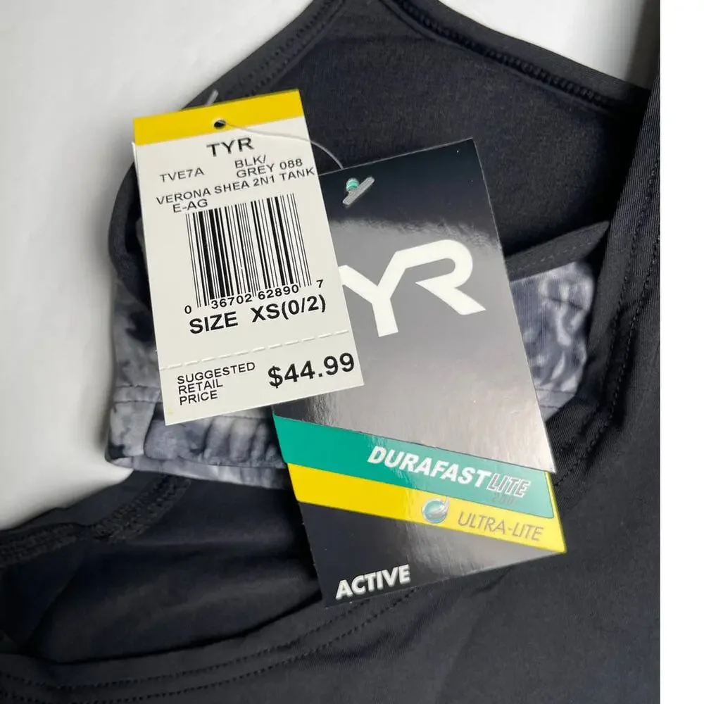 TYR DuraFast Lite VERONA SHEA 2n1 Tankini Swim Top - Black Grey XS 0/2 - $45